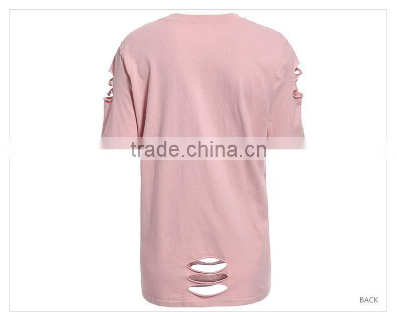 Hip hop clothing women custom longline distressed t shirt with printing design