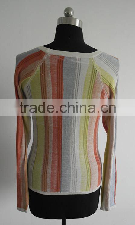 Ladies 100%cotton vertical stripe knitted cardigan sweater