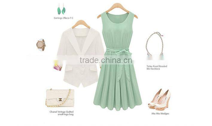 2016 Latest Designs women gender Summer Mint green Sleeveless Round neck women dress pleated Chiffon Vest dress for women