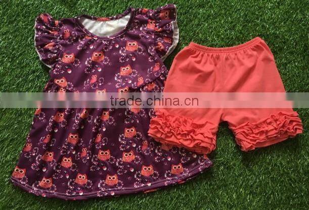 Wholesale Fashion Clothing Giggle Moon Spring Summer persnickety Cotton boutique remake ruffle owl printing Children Outfit sets