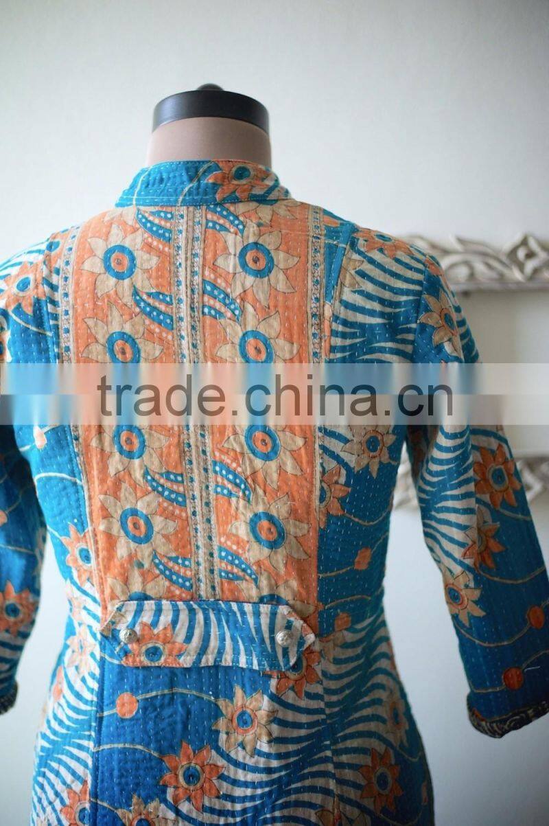 Vintage Kantha Long Accent Jacket in Turquoise & Orange ~ Medium