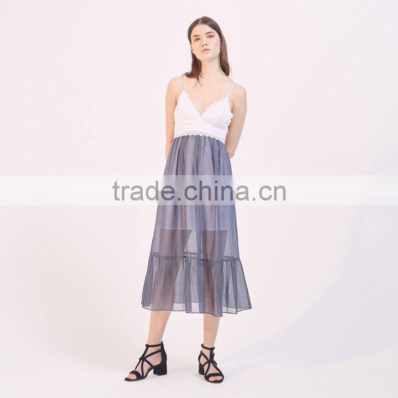 Hot style Splice sexy women deep V-neck slip and ruffled hem dress