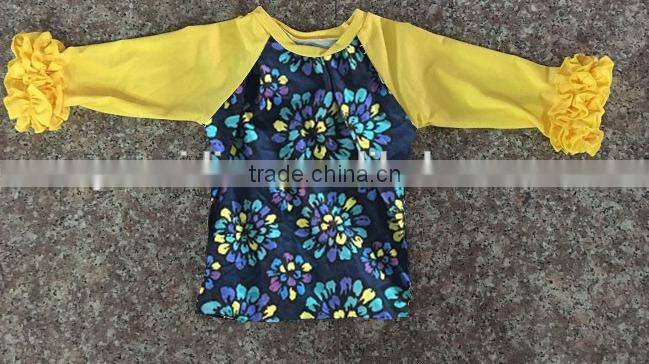 Hot ! Raglan 3/4 sleeve prints shirt baby girl clothes ruffle cotton 0-14 T fall printing wholesale children girl raglan shirt