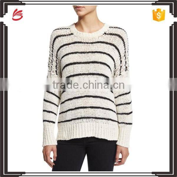 High Quality Long Bell Sleeves Crew Neck Ribbed Handmade Wool Knit Sweater for Women