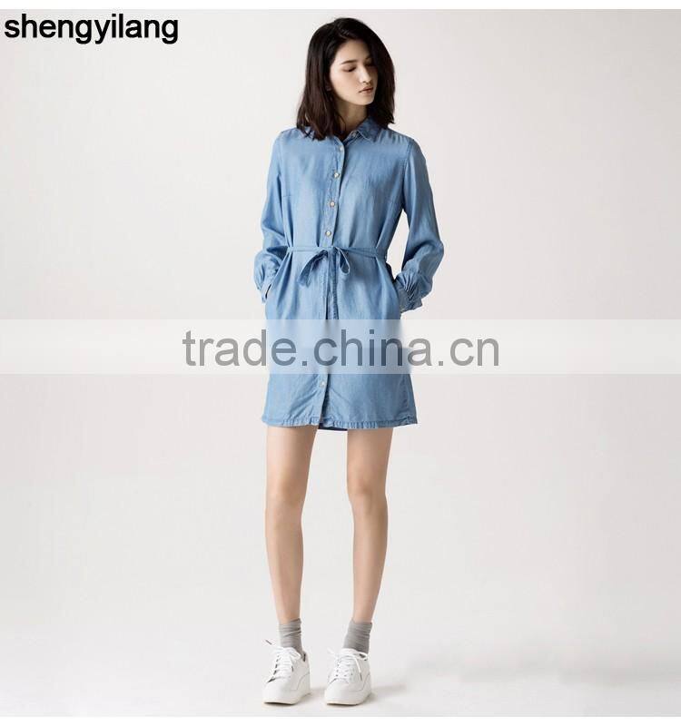 stylish leisure long sleeve denim jeans dress with waistband