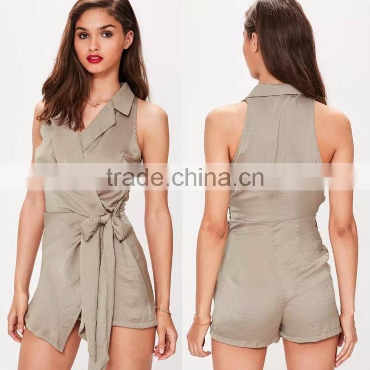 2017 new taupe sleeveless knot front wrap silky women shirt playsuit