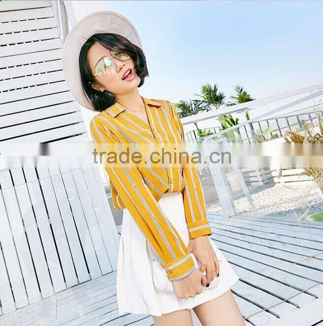 New Korean Version Women Clothing striped Deep v neck Chiffon T Shirt