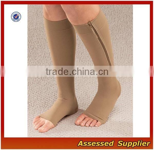 Custom Medical Zipper Compression Sock, Compression Beige Socks, Open Toe Knee Length Calf Sleeves--ZP00114