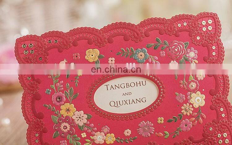 New Greeting Card 6021 Flower Embossed Red Laser Cut Wedding Invitation Cards