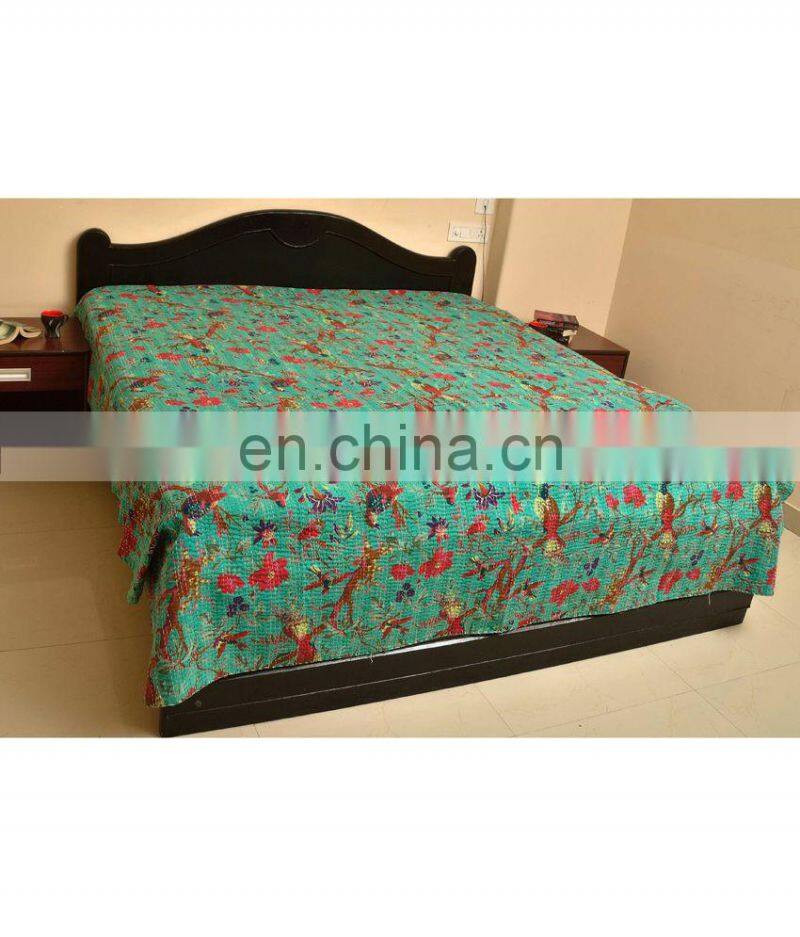 Queen Size Green Bird Of Paradise Kantha Quilt Bedding Bedcover Gudri