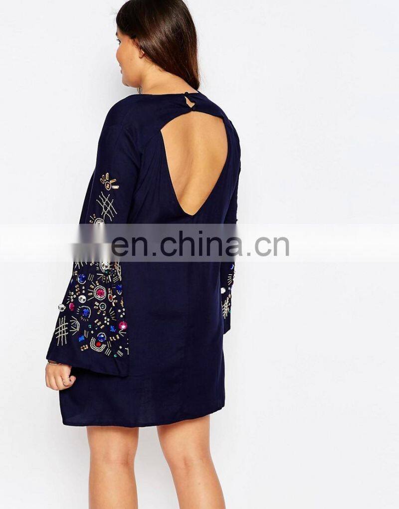 New trendy women wholesale V neck blouse with sleeve beading design