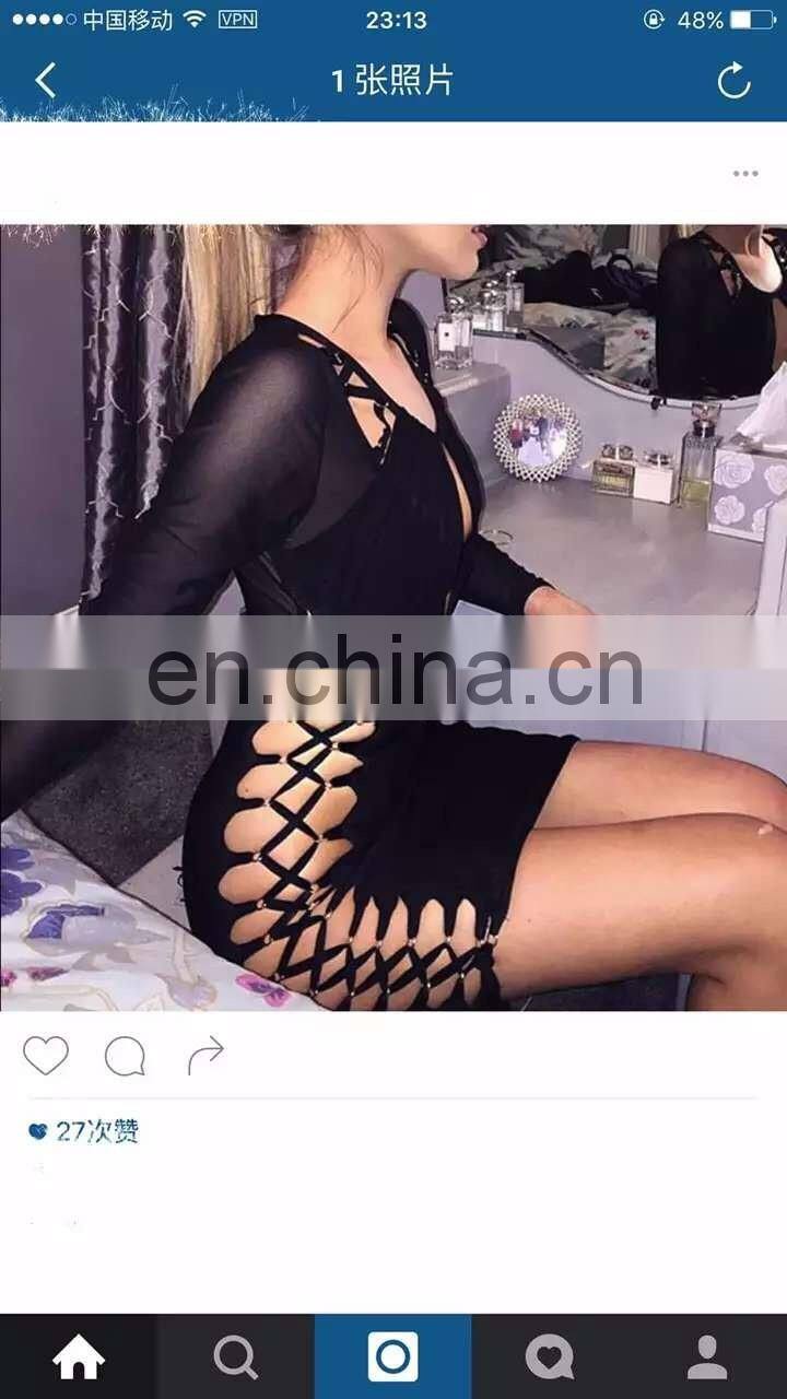Amigo 2017 new design Black long sleeve cut out bingding revealing bandage dress midi prom dresses for hot body ladies