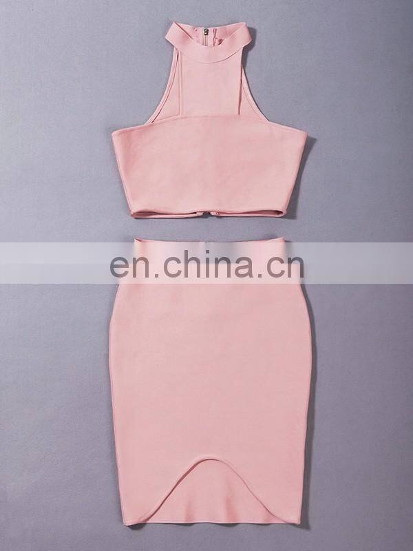 Amigo 2017 two pieces black bandage dress suit sexy evening dresses with halter crop top and midi irregular skirt for women