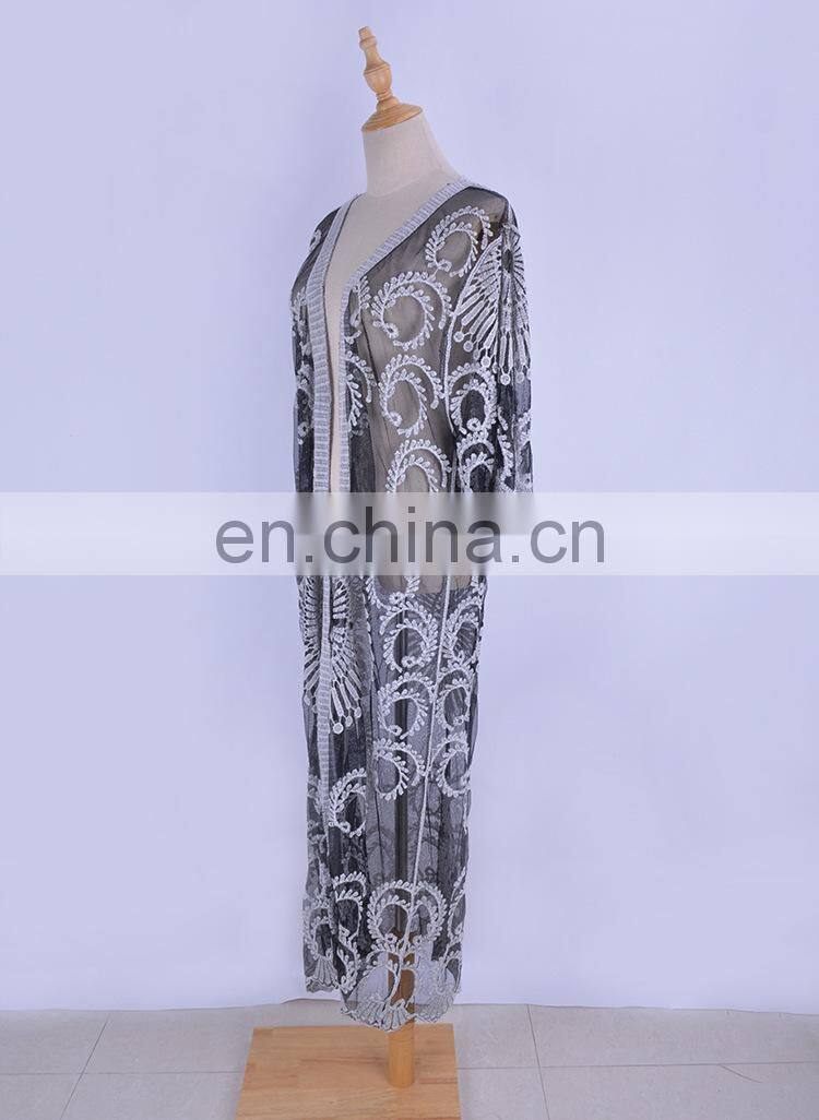 2019 New Sexy See Through Hollow Out Embroidered Long Kimono Cardigan Summer Beach Wear Women Tops and Blouse Chiffon Shirt