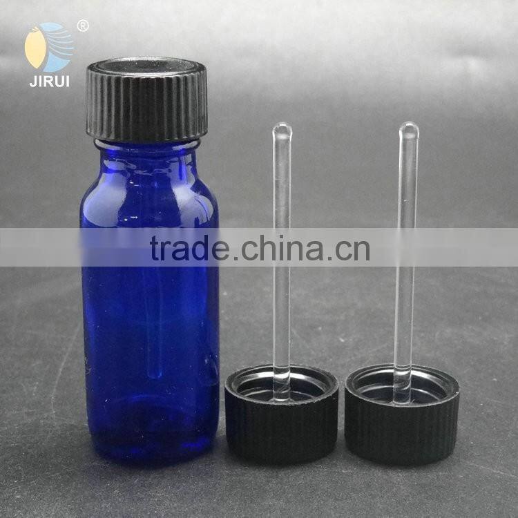 15ml blue boston round glass bottle with plastic cap and glass rod