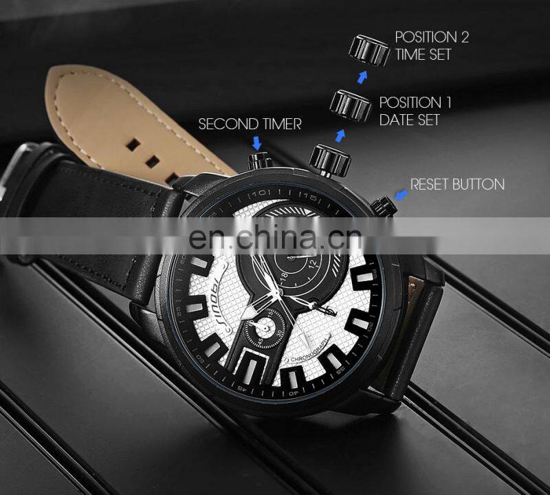 SINOBI Chronograph Men's Watch Calendar Date Function Luminous Soft Leather Band Quartz Watches S9786G Jam Tangan