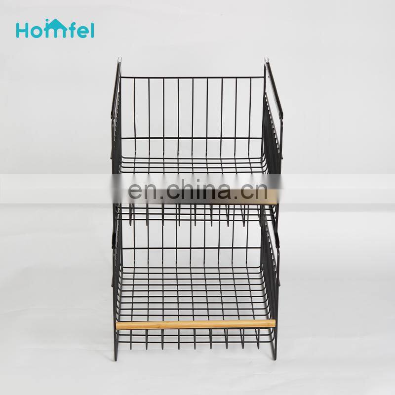 Multifunctional Black Stacking Wire Basket Lightweight Metal Organizer Rack Storage Basket wood