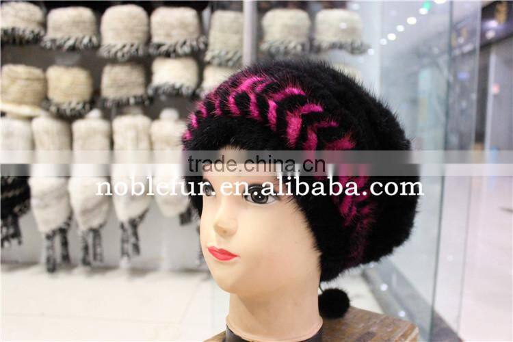 new design mink fur knitted winter baggy headwear with linedsoft and warm beanie