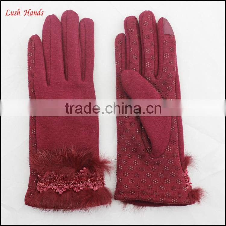 ladies cheap spring driving red micro velvet hand gloves with rabbit fur