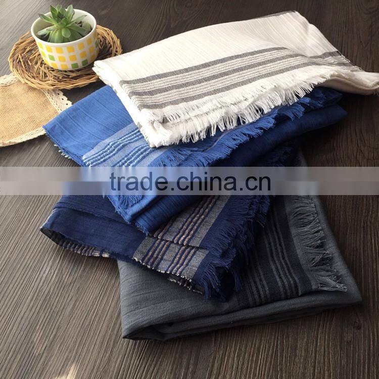 Fashion New Arrival Women Lady Long Plain Cotton Linen Striped Yarn Dyed Scarf