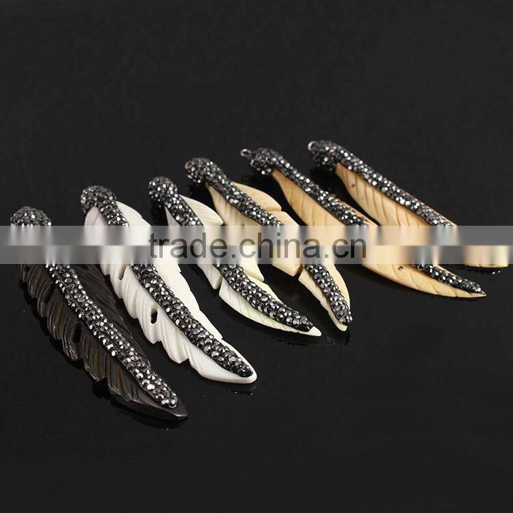 PC1603 Carved Ox Bone Leaf Feather Pendant with Crystal Zircon Pave, Long Textured Feather Necklace Pendant