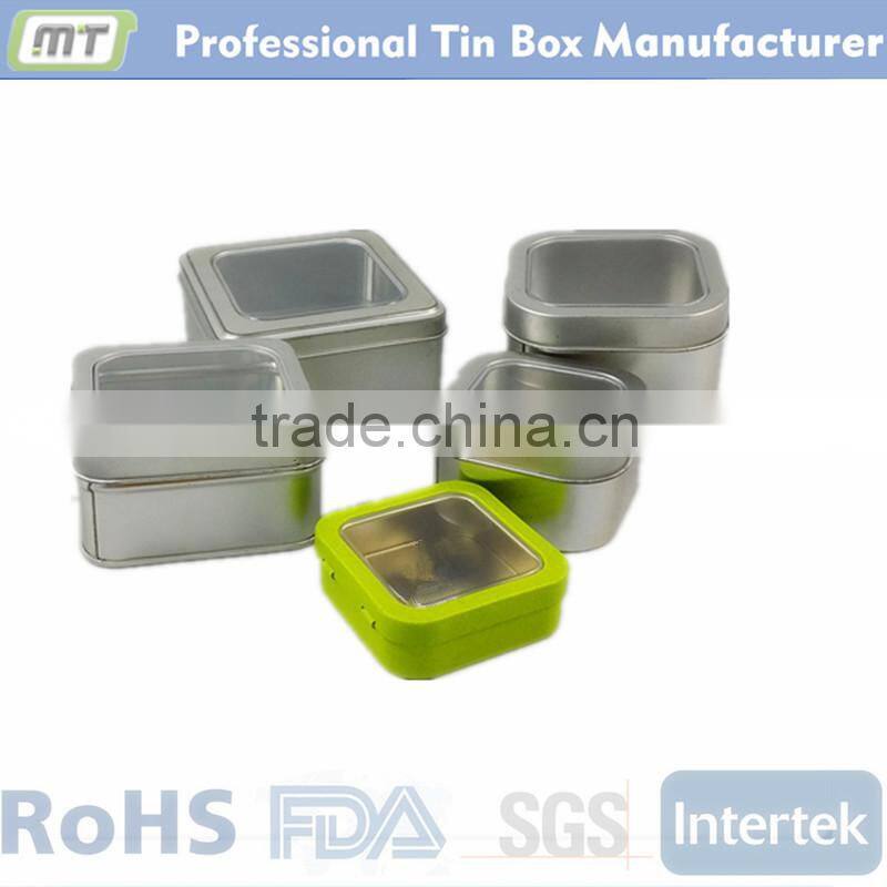 small metal square tin box with window top for gift package