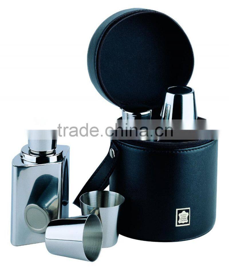 6 Piece Bar Set; 3 Flasks, 14 oz. x 3, w/ 3 Cups in Brown Leather Case,