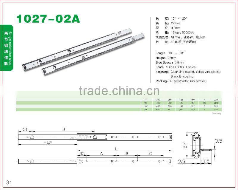 bottom mounting single extension ball bearing drawer slide 1027-02A