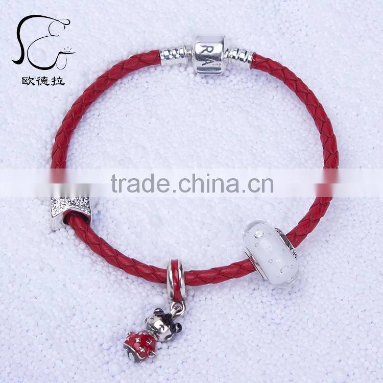 EULNY Wholesale 925 Sterling Silver slasp Chinese new year 3mm Leather bracelet