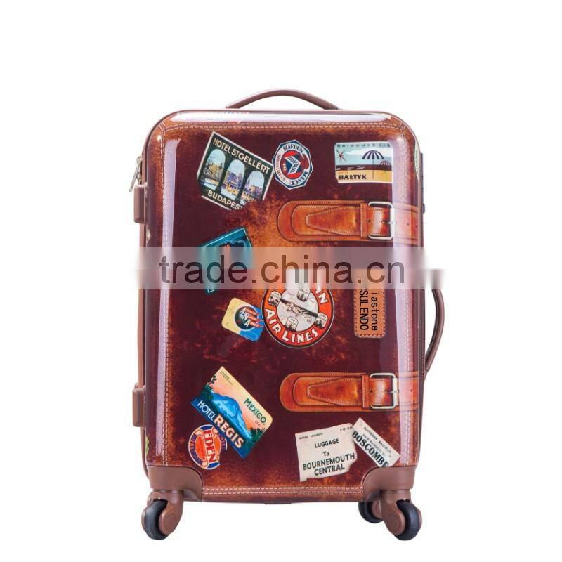 Gentleman's Hard Shell Vintage Trolley Luggage With Belts 2-Side Printing In 20-Inch
