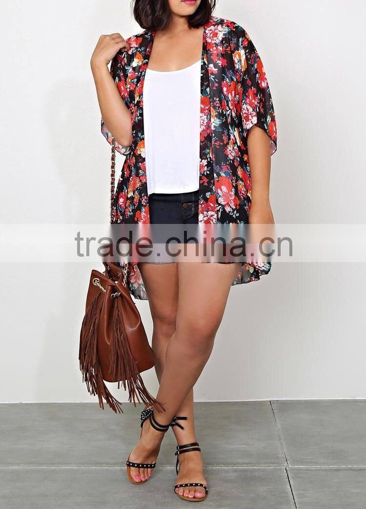 2015 summer plus size, floral print chiffon cardigan and kimono wrap for fat women - SYK15360