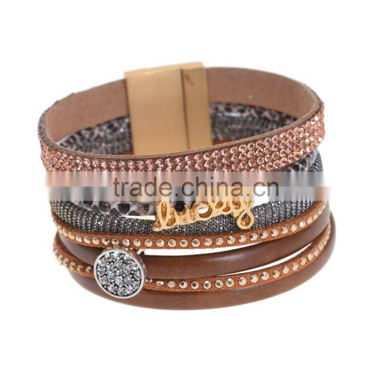 Fashion Multilayer Leather Bracelet Rhinestone Leather Wrap Bangles Lucky Leather Bangles