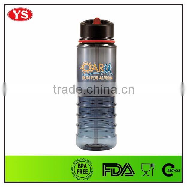 BPA Free Gray plastic water drinking bottle with straw and lid