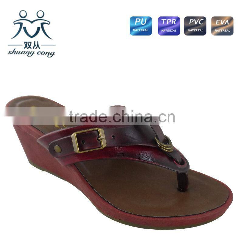 newest ladies PU flip flop high heel wedge slipper shoes with metal belt wholesale