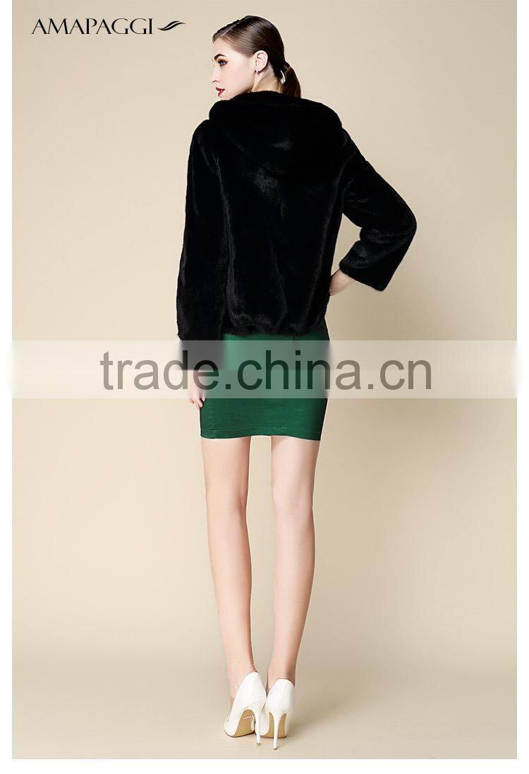 hot sale short black mink fur hooded coat for winter