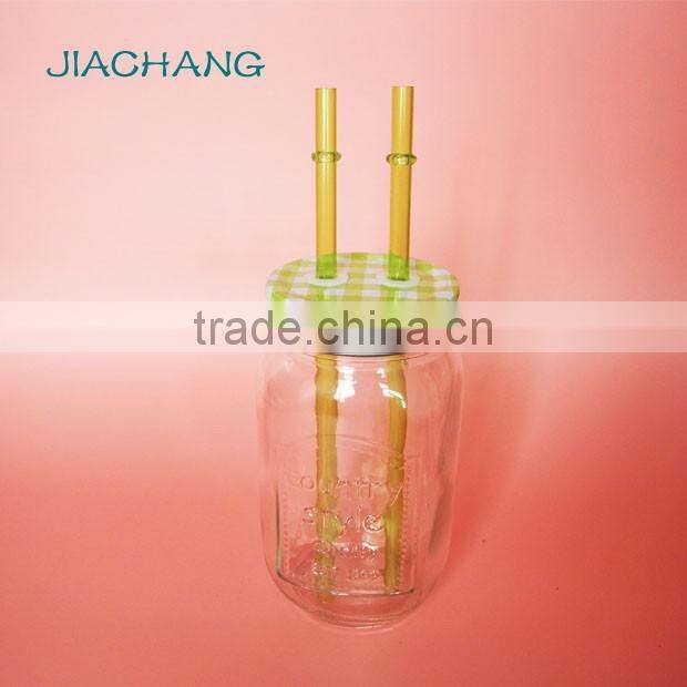 drinkware transparent glass table beer jar with 2 pieces of straws
