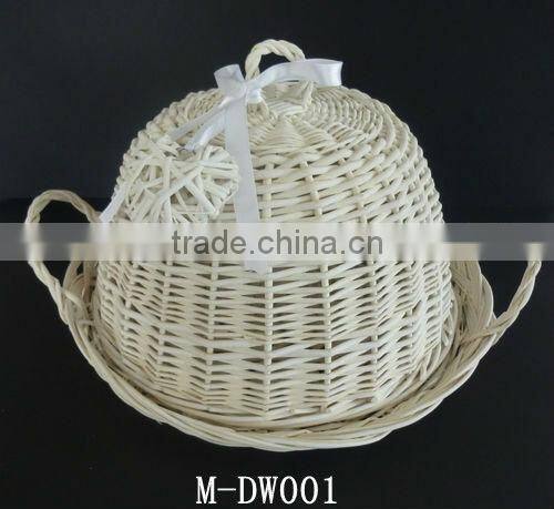 Large cream wicker dome cloche food & wedding cake stand with heart