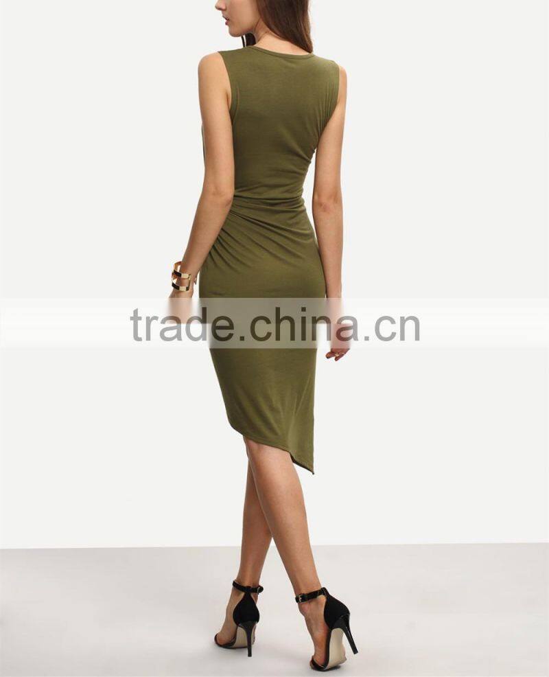 Guangzhou Wholesale Clothing OEM Army Green Sleeveless Knot Asymmetrical Dress