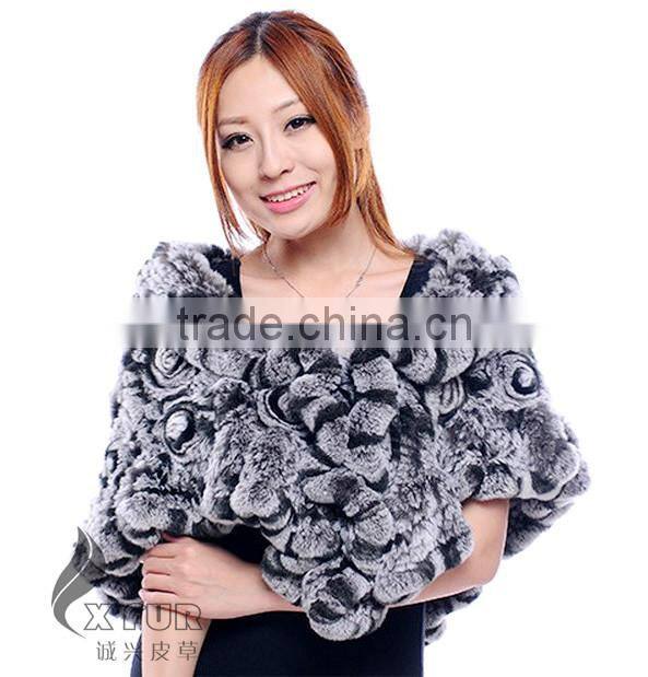 CX-B-21D Hot Selling Genuine Rex Rabbit Fur Knitted Shawl Knit Poncho