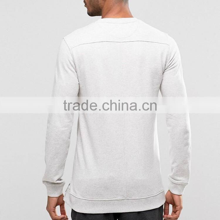 Stylish White 100% Cotton Plain Mens Crewneck Sweatshirt with Left Side Zipper Men's Clonting Wholesale Fashion Streetwear