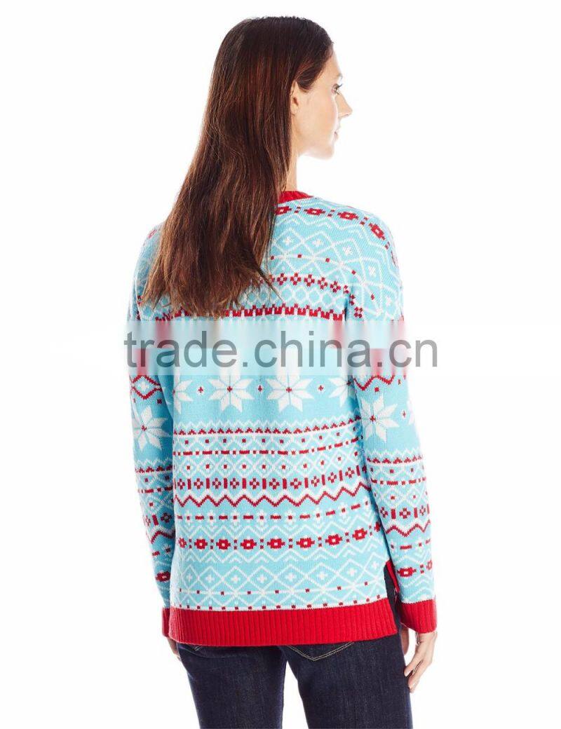 Women Light Blue Sweater Christmas Kitty Pattern Christmas Sweater Wholesaler