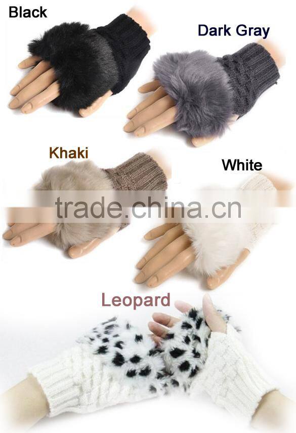 Gloves Arm Warmer Fingerless Gloves-Knitted Rabbit Fur Lined Leather Gloves 8226