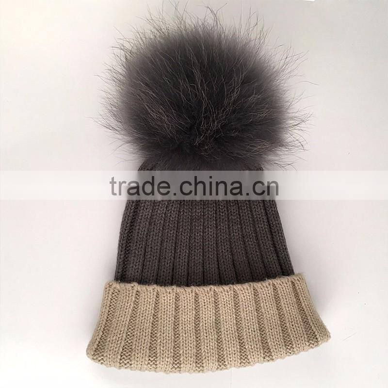 Myfur Beige/Grey Raccoon Fur Multi-Color Knitted Hat for Winter