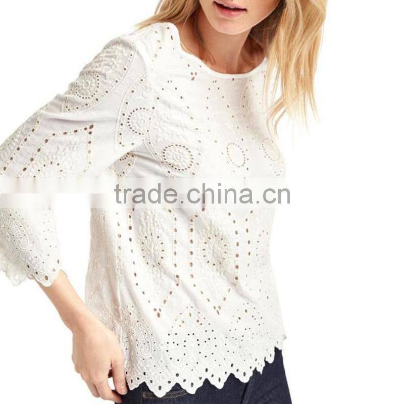 Latest style sexy hollow out lady chiffon blouse woman lace blouse wholesale tops