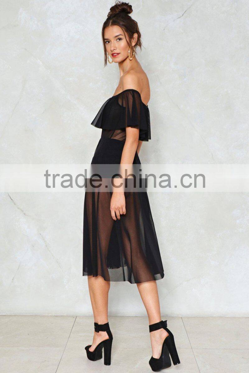 Wholesale Oem custom fashion women black mesh off shoulder maxi dress