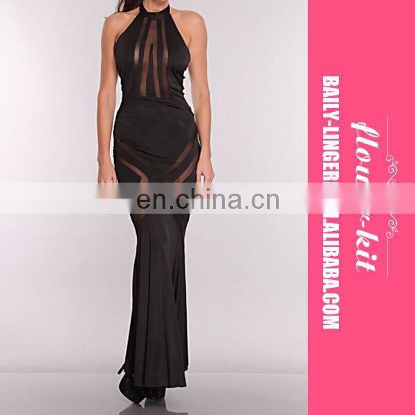 Wholesale Black Mesh Cutout Floor Length Evening Dress
