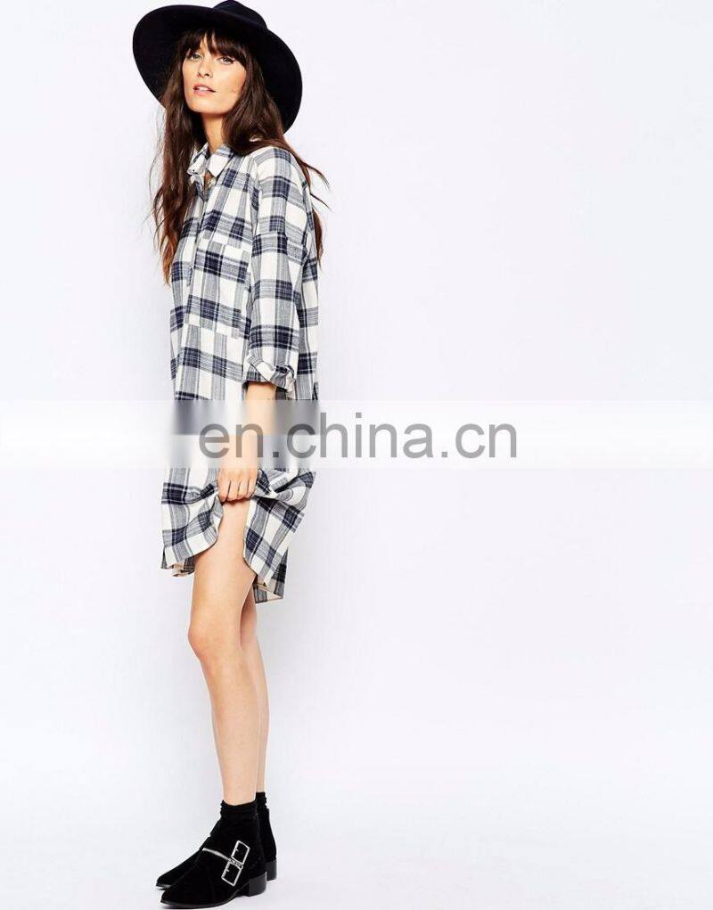 Long sleeves Oversize causal checked shirt dress in cotton