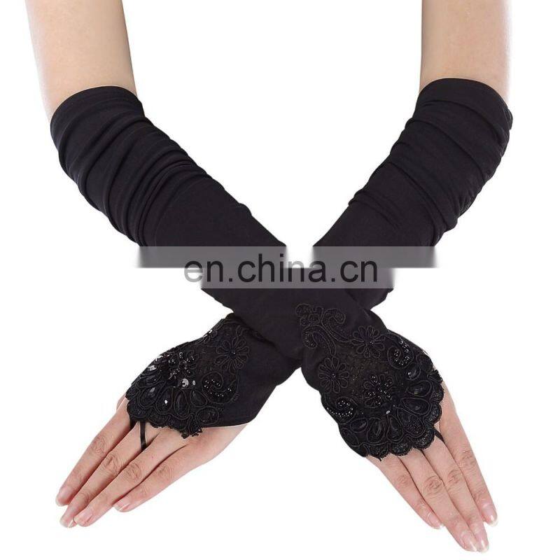 Grace Karin Womens 19" Lace Embellished Pleated Black And White color Fingerless Gloves Bridal Wedding Gloves CL010471