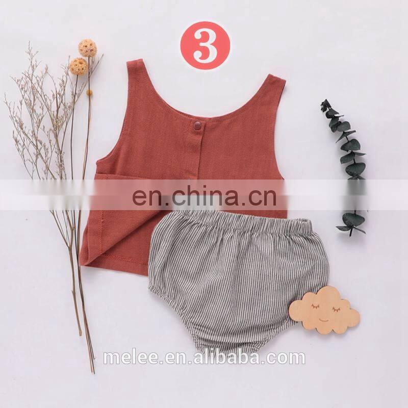 RTS Australia Hot Sale Baby Infant linen 2pcs Set Buttons Vest Tops Solid Bloomers Korean Girls Linen Outfits