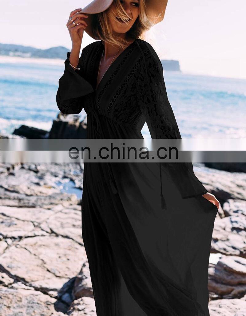 Elegant Lace Patchwork Button Front Open Long Sleeve White Cotton Beach Dress Women Swimwear Cover Up Beach Tunic Plus Size